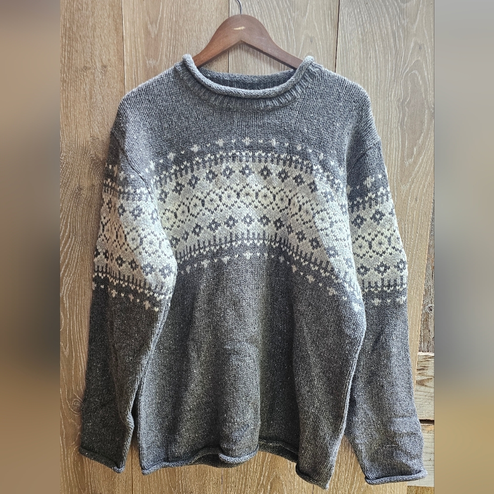 L.L. Bean Vintage Wool Knit Patterned Roll Neck Chore Grandpa Fishermens Sweater